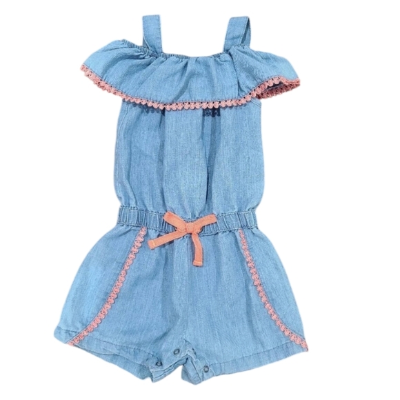 DKNY Cold Shoulder Denim/Peach Romper B0075 - Picture 1 of 3